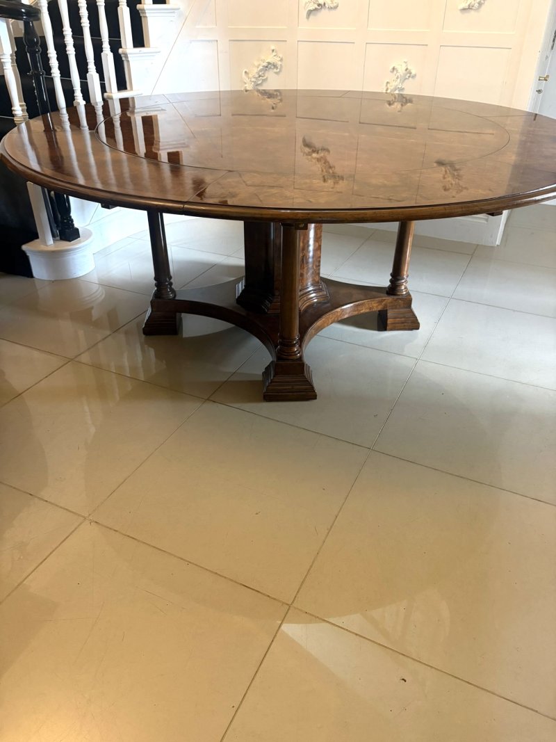 Antique Exceptional Quality Burr Walnut Circular Extending Dining Table Seating 10 with Radial Leaves & Matching Burr Walnut Leaf Holder - Image 19